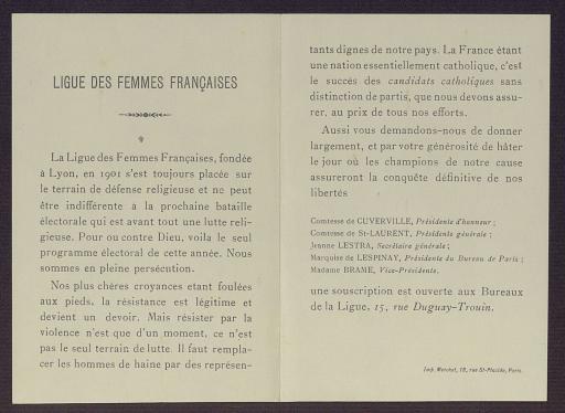 Ligue catholique des femmes françaises.